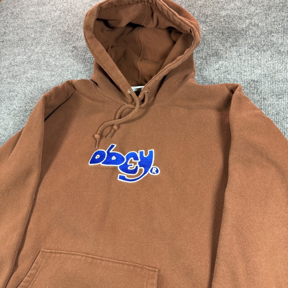 Obey Graphic Logo Cotton Blend Brown Hoodie Size L Streetwear Skater Blokecore